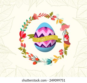 happy easter with egg and wreath flower greeting card