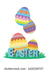 Happy easter eggs with a 3d title design. Spring summer holiday. Easter eggs on a white background. Isolated Vector Illustration.