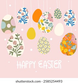 Happy Easter. Easter eggs with abstract flowers for print, greeting cards, sticker. Spring holiday. Vector illustration 