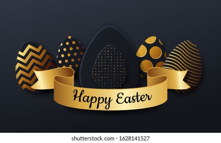 Happy easter eggs. Background of golden and black egg with dot patterns, spiral and lines pattern. Gold and dark background for design for cards, posters, invitations for Easter