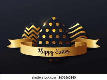 Happy easter eggs. Background of golden and black egg with dot patterns, spiral and lines pattern. Gold and dark background for design for cards, posters, invitations for Easter