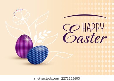 Happy easter eggs banner. Holiday religious symbol decorated in realism style. 3d realistic Easter eggs on floral. Vector illustration for spring holiday, greeting card 