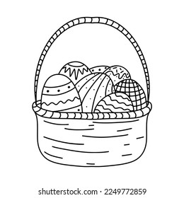 Happy Easter eggs in basket in hand drawn doodle style. Vector illustration isolated on white background.