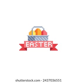 Huevos de Pascua felices en cesta. Conjunto de iconos de arte de píxeles. Diseño de tarjeta de felicitación. Icono de Pascua. Vacaciones de primavera. Ilustración aislada del vector. 
