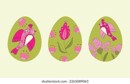 Happy Easter.Set of Easter eggs with birds and flowers on a white background.Spring holiday. Vector Illustration.