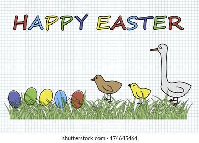 Happy Easter with eggs and birds in grass illustration