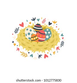 Happy Easter eggs! Bird's nest with colorful eggs and spring flowers in flat style. Vector stock illustration