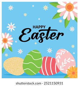 Happy Easter with eggs and blooming flowers. Religious celebration on spring background. Easter 2025 concept. Flat vector illustration.