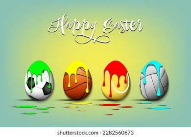 Happy Easter. Eggs with blots in the form of a soccer, basketball, tennis, voleyball ball on an isolated background. Pattern for greeting card, banner, poster, flyer, invitation. Vector illustration