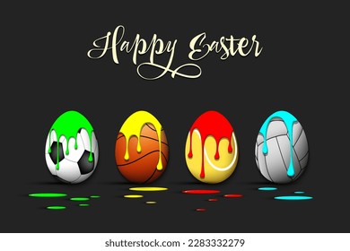 Happy Easter. Eggs with blots in the form of a soccer, basketball, tennis, voleyball ball on an isolated background. Pattern for greeting card, banner, poster, flyer, invitation. Vector illustration