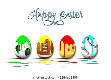 Happy Easter. Eggs with blots in the form of a soccer, american football, tennis, baseball ball on an isolated background. Pattern for greeting card, banner, poster, flyer. Vector illustration