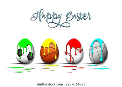 Happy Easter. Eggs with blots in the form of a soccer, basketball, baseball, voleyball ball on an isolated background. Pattern for greeting card, banner, poster, flyer, invitation. Vector illustration