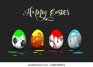 Happy Easter. Eggs with blots in the form of a soccer, basketball, baseball, voleyball ball on an isolated background. Pattern for greeting card, banner, poster, flyer, invitation. Vector illustration