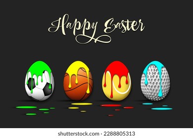 Happy Easter. Eggs with blots in the form of a soccer, basketball, tennis, golf ball on an isolated background. Pattern for greeting card, banner, poster, flyer, invitation. Vector illustration