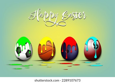 Happy Easter. Eggs with blots in the form of a soccer, basketball, billiard, bowling ball on an isolated background. Pattern for greeting card, banner, poster, flyer, invitation. Vector illustration