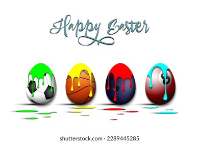 Happy Easter. Eggs with blots in the form of a soccer, basketball, billiard, bowling ball on an isolated background. Pattern for greeting card, banner, poster, flyer, invitation. Vector illustration