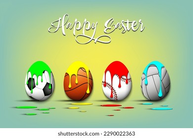 Happy Easter. Eggs with blots in the form of a soccer, basketball, baseball, voleyball ball on an isolated background. Pattern for greeting card, banner, poster, flyer, invitation. Vector illustration