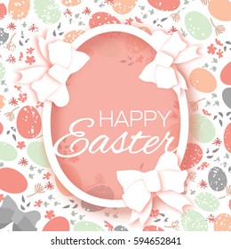 Happy Easter eggs. Bow, flowers. Paper cut space for text.