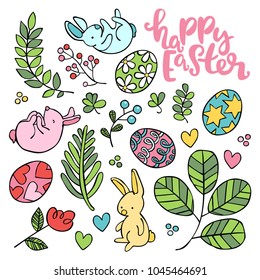 Happy easter. Easter eggs, bunnies, hearts. Flowers and leaves. Set. Isolated vector objects on white background.