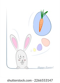 Happy Easter. Easter eggs. Easter bunny. Carrot. The Easter Bunny is thinking about carrots.