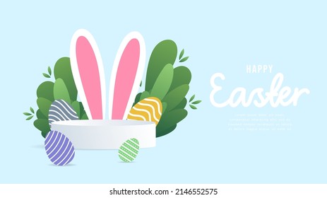 Happy easter with Easter eggs and bunny ears and  product display cylindrical shape decoration for easter day on blue background , stand to show products ,illustration 3d Vector EPS 10