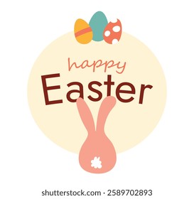 Happy Easter, Eggs and Bunny. Greeting card, children poster. Round cute Rabbit sits with its back, colored holiday elements. Text in round area. Isolate decor. Spring April event. Vector illustration