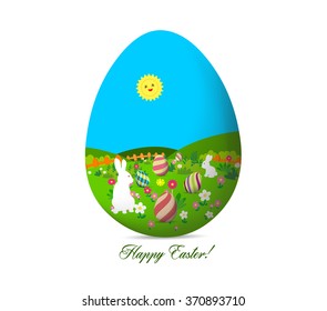 happy easter with eggs and bunny landscape