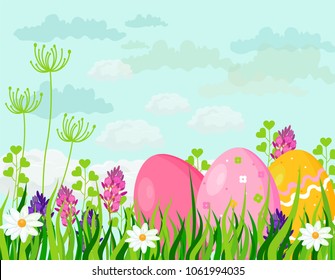 Happy Easter eggs card Vector holiday green background illustration