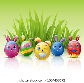 Happy easter eggs cartoon character with bunnies ears and grass background