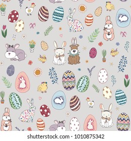 happy easter eggs cartoon doodle vector hand drawn seamless pattern