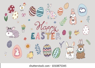 happy easter eggs cartoon doodle vector hand drawn illustrations set