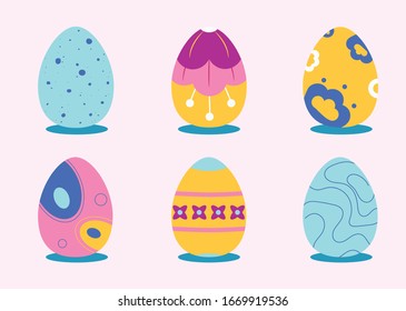  Feliz Pascua. Colección de huevos de Pascua. Felices huevos de Pascua.Ilustración de huevos coloridos. Vacaciones de primavera