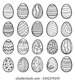 Happy Easter eggs collection, hand drawn set, vector. 20 different designs. Cartoon style illustration Isolated on white background.