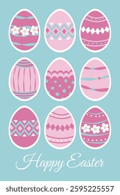 Happy Easter. Eggs colorfull illustration on blue background. Vector design elements in pink, red and white colors. Religions Easter card in flat hand draw slyle.