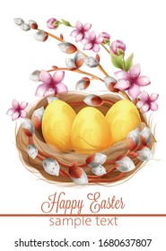 Happy easter eggs composition in a bird nest with flowers and catkins