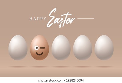 Happy Easter, easter eggs with cute smiling emoji face, vector illustration.