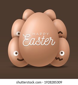 Happy Easter, easter eggs with cute smiling emoji face, vector illustration.
