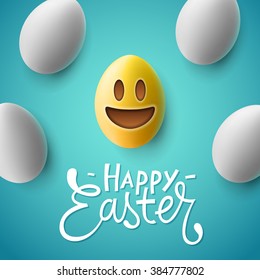 Happy Easter, easter eggs with cute smiling emoji face, vector illustration.