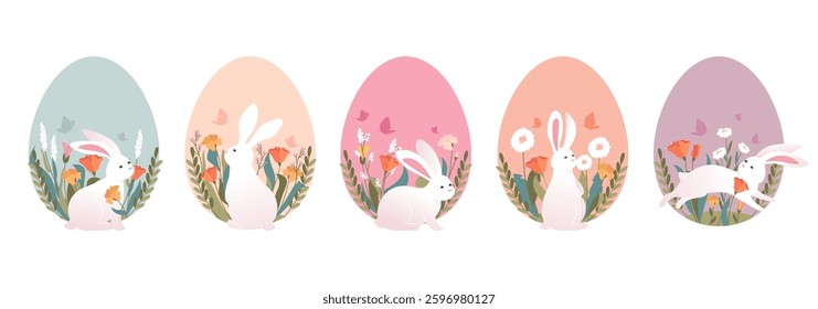 Happy Easter eggs with cute white fluffy bunny, spring flowers bloom decoration isolated set. Springtime traditional holiday festive pattern templates with animal and floral prints vector illustration