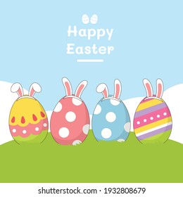 Happy easter eggs decoration with rabbit ears
