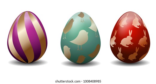 Happy Easter.Set of Easter eggs with different texture on a white background.Spring holiday. Vector Illustration.Happy easter eggs