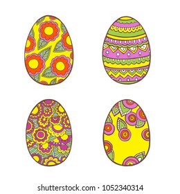 Happy Easter.Set of Easter eggs with different texture on a white background.Spring holiday. Vector Illustration. Hand draw style for your web design