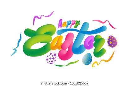 Happy Easter with eggs with different texture and ribbons on a white background.