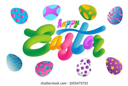 Happy Easter with eggs with different texture on a white background.