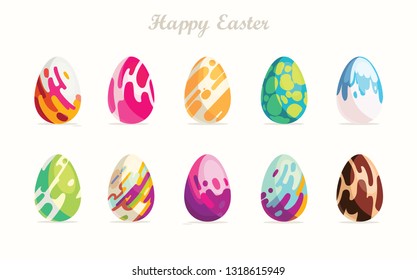 Happy Easter.Set of Easter eggs with different texture on a white background.Spring holiday. Vector Illustration