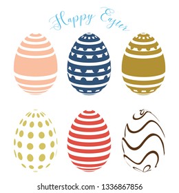 Happy Easter.Set of Easter eggs with different texture on a white background.Spring holiday. Vector Illustration.Happy easter eggs