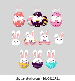 Happy Easter.Set of Easter eggs with different texture on a flat background