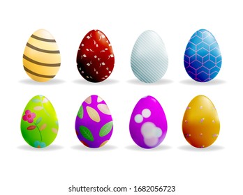 Happy Easter.Set of Easter eggs with different texture on a white background.Spring holiday. Vector Illustration.Happy easter eggs