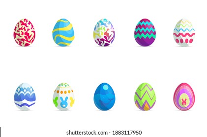 Happy Easter.Set of Easter eggs with different texture on a white background.Spring holiday. Vector Illustration