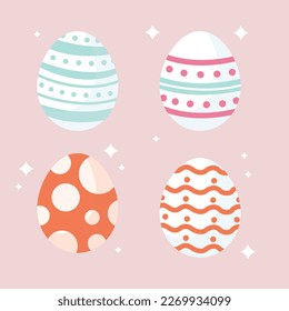 Happy Easter.Set of Easter eggs with different texture on a white background.Spring holiday. Vector Illustration.Happy easter eggs